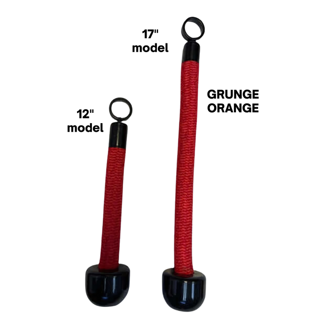 Two red TRICEPS ROPE EXTREME 'Singles' dog tug toys with black handles and rings—one shorter—offer a cushioned grip like a triceps rope, ideal for play or inspiring your next workout. Displayed on a sleek black background.