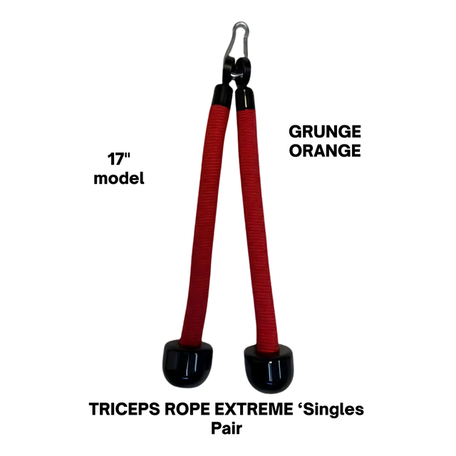 The TRICEPS ROPE EXTREME 'Singles' features a red cushioned grip, black ends, and a metal clip for gym cable machines—ideal for effective triceps workouts. Isolated on white.