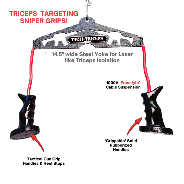 The TRICEPS TRIBULATION Cable Machine Attachment Set features two black AR15 grips, red cables, and labels "Tacti-Triceps" and "Sniper Grips," designed for your cable gym machine.