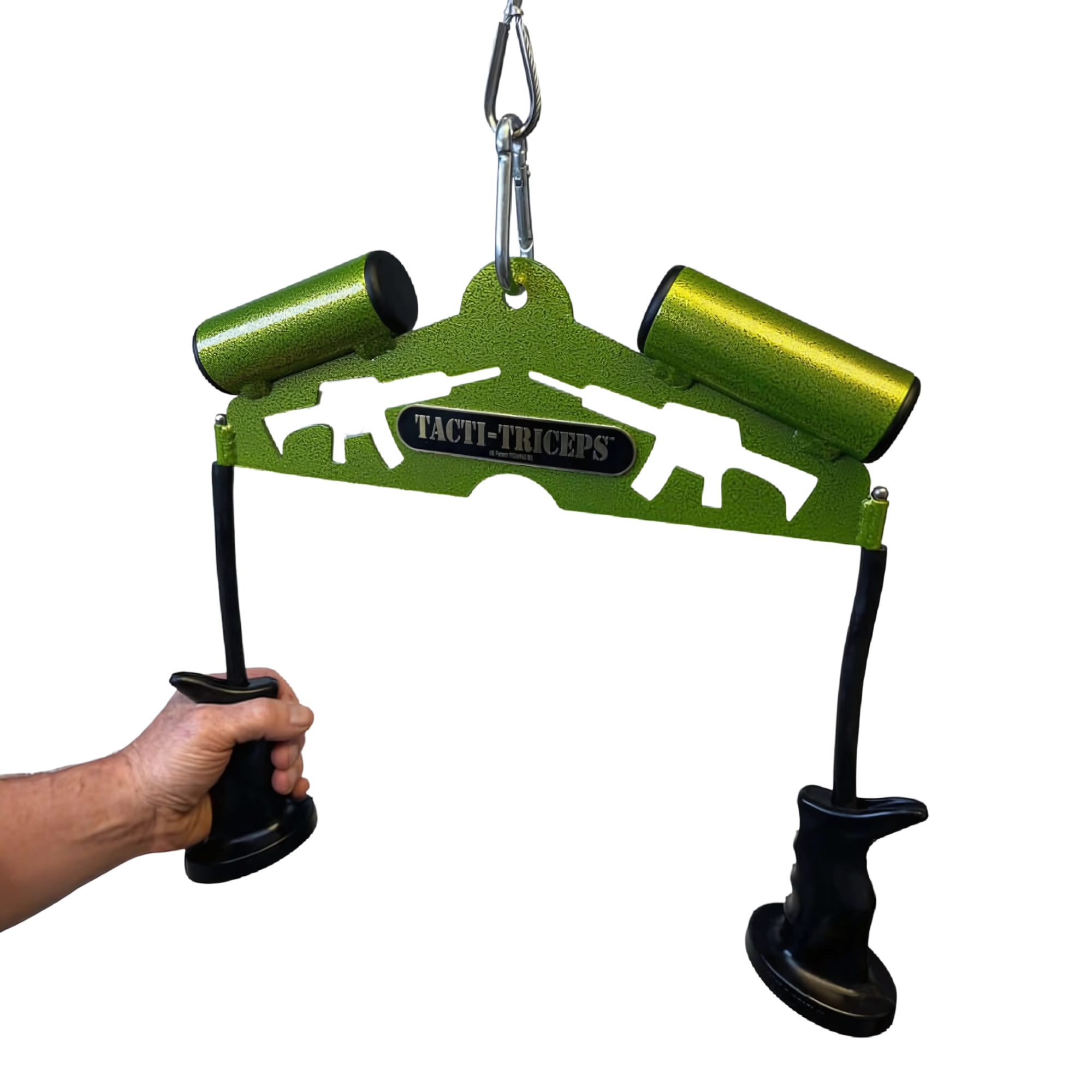 The TRICEPS TRIBULATION Cable Machine Attachment Set rules! Featuring a green Tacti-Triceps handle with AR15 grips and black accents—ideal for triceps workouts on your cable gym machine.