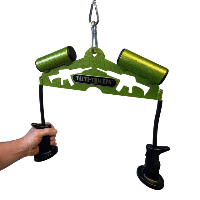 The TRICEPS TRIBULATION Cable Machine Attachment Set rules! Featuring a green Tacti-Triceps handle with AR15 grips and black accents—ideal for triceps workouts on your cable gym machine.