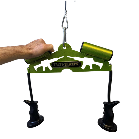 A hand grips the green TRICEPS TRIBULATION Cable Machine Attachment Set with black handles and a carabiner, perfect for triceps workouts or any cable gym machine.