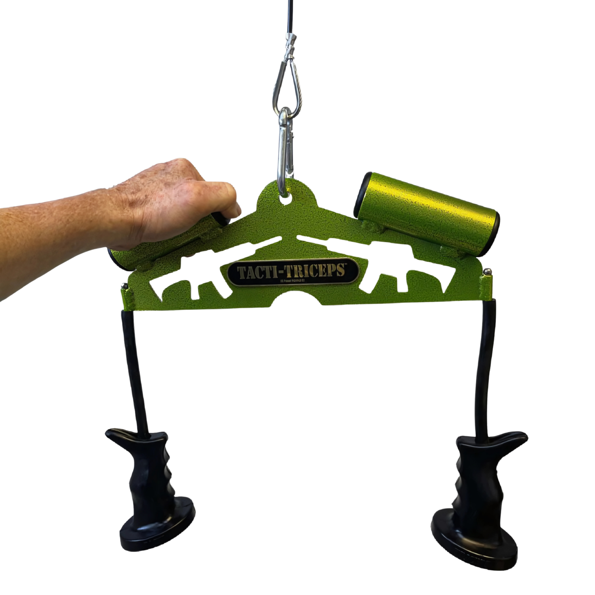 A hand holds the TRICEPS TRIBULATION Cable Machine Attachment Set, featuring green grips, black ergonomic handles, and a metal hook—ideal for cable gym workouts.