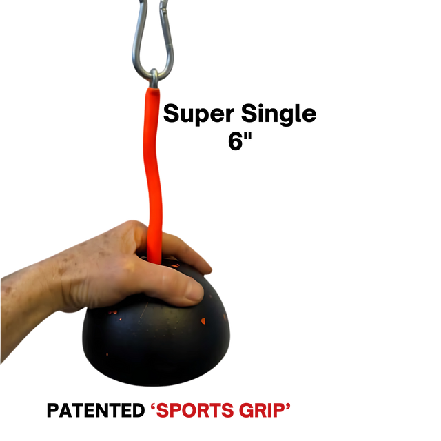 A hand grips a black, round TRICEPS TRIBULATION Cable Machine Attachment, similar to triceps workout gear, hanging from a red strap; text reads "SPORTS GRIP".
