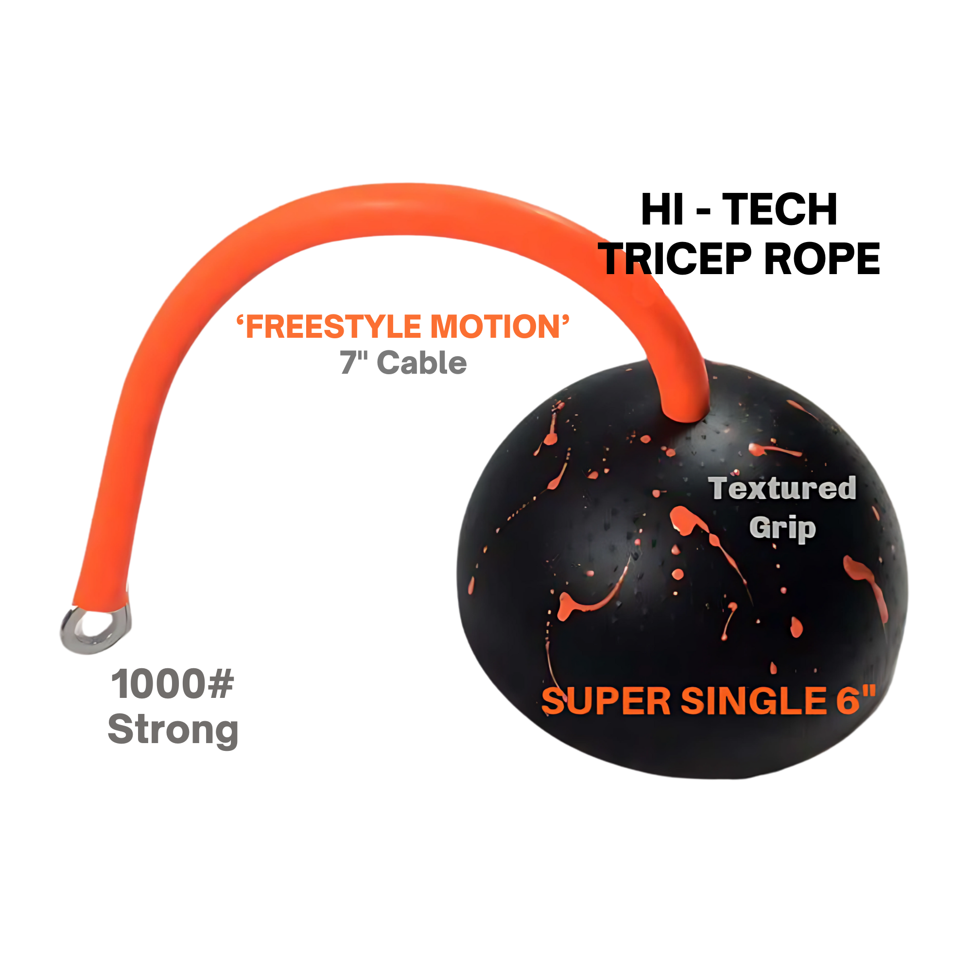 The TRICEPS TRIBULATION Cable Machine Attachment Set rules! Features a black ball with orange splatter and cable, labeled “SUPER SINGLE 6” & “FREESTYLE MOTION 7'' Cable”—a standout triceps workout tool for any cable gym machine setup.