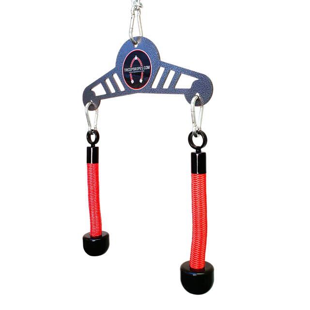 The TRICEP ROPE EXTREME 'Convertible' Rope for Triceps Yoke features two red braided tricep rope handles with black end grips, connected by a commercial-grade metal trapeze bar and suspended by chains.