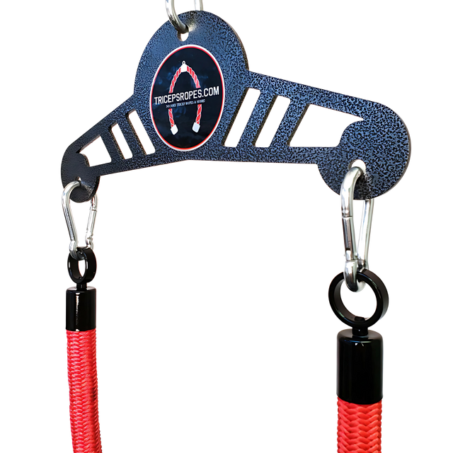 Close-up of the TRICEP ROPE EXTREME 'Convertible' Rope for Triceps Yoke, featuring red braided handles and a black metal bracket—ideal for tricep extension exercises.