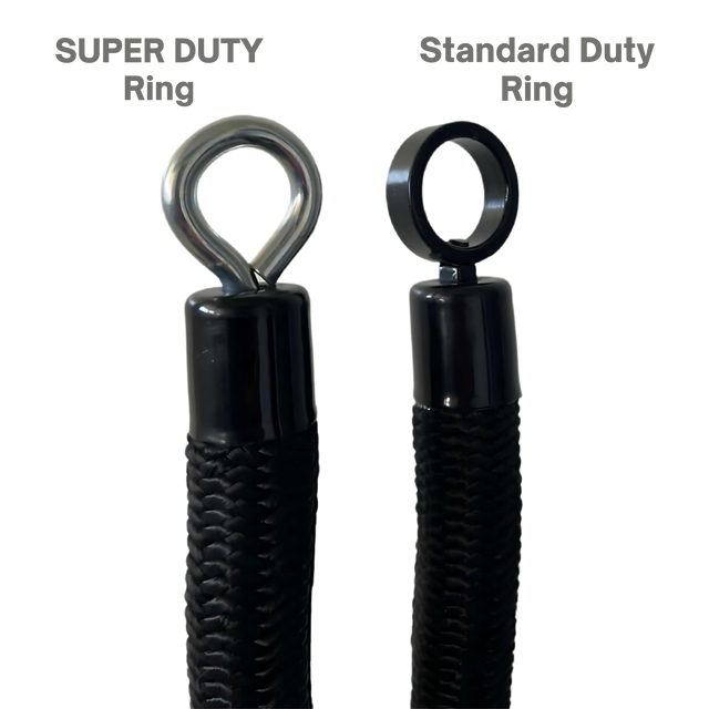 The TRICEP ROPE EXTREME 'Convertible' Rope for Triceps Yoke includes two black commercial-grade ropes, each with a unique metal ring end: one labeled "SUPER DUTY Ring," the other "Standard Duty Ring"—perfect for tricep extensions.