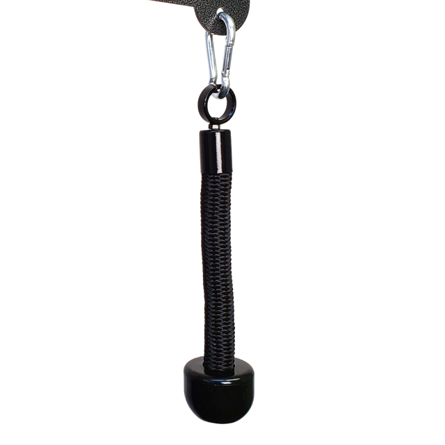 The TRICEP ROPE EXTREME 'Convertible' Rope for Triceps Yoke is a commercial-grade keychain with black rubber ends, a clip, and a braided cord handle, inspired by the toughness of tricep ropes.