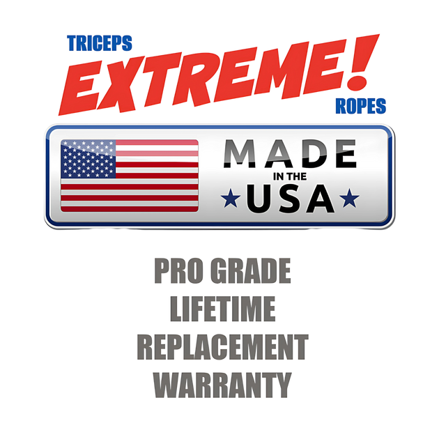 The TRICEP ROPE EXTREME 'Convertible' Rope for Triceps Yoke is made in the USA, built with commercial-grade durability for intense workouts, includes a pro-grade tricep rope, lifetime replacement warranty, and comes with an American flag.