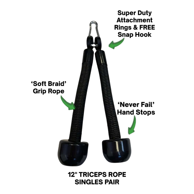 The TRICEP ROPE EXTREME 'Convertible' Rope for Triceps Yoke features durable black handles and a sturdy joint, highlighted with green arrows; perfect for tricep extensions and built with commercial-grade quality.