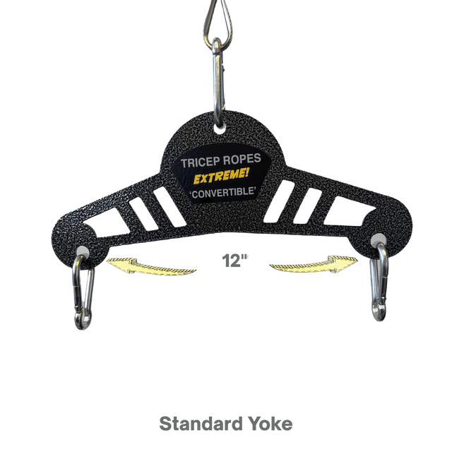 The TRICEP ROPE EXTREME 'Convertible' Rope for Triceps Yoke features carabiners and yellow arrow details. Labeled "Standard Yoke," it’s built for intense tricep extensions and is perfect for commercial-grade workouts.