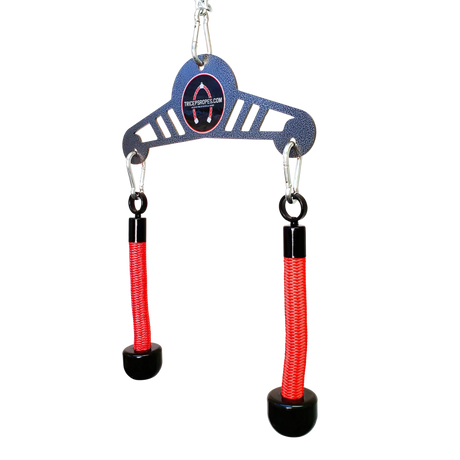 The TRICEP ROPE EXTREME 'Convertible' Rope for Triceps Yoke features a commercial-grade metal trapeze bar with two red, rope-like handles—ideal for fitness routines, obstacle courses, or tricep extension exercises.