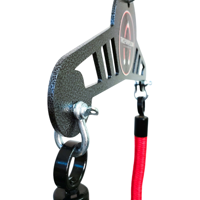 Close-up of a black metal bracket with red cord and hardware, part of the TRICEP ROPE EXTREME 'Convertible' Rope for Triceps Yoke, ideal for commercial-grade fitness equipment.