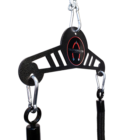The TRICEP ROPE EXTREME 'Convertible' Rope for Triceps Yoke is a commercial-grade black metal gym attachment with carabiners and cables, plus a centered "TricepsRopes.com" logo—ideal for reliable tricep extension workouts.