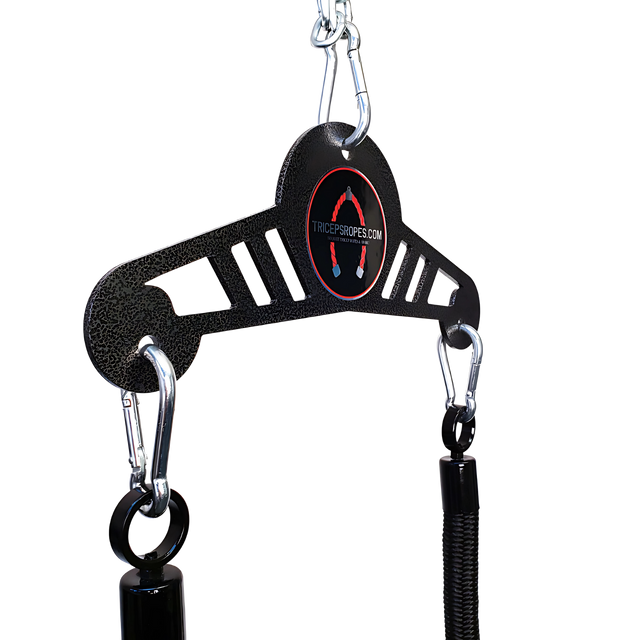 The TRICEP ROPE EXTREME 'Convertible' Rope for Triceps Yoke is a commercial-grade black metal gym attachment with carabiners and cables, plus a centered "TricepsRopes.com" logo—ideal for reliable tricep extension workouts.