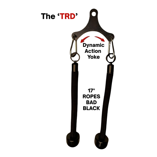 The Tricep Rope Dynamic TRD Cable Attachments for Gym Yoke features two elastic straps for dynamic instability and muscle activation, with clips and "TRD" in red text above the item.