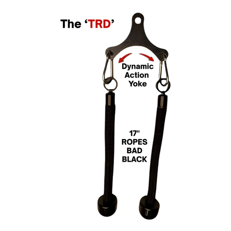 The Tricep Rope Dynamic TRD Cable Attachments for Gym Yoke features two elastic straps for dynamic instability and muscle activation, with clips and "TRD" in red text above the item.