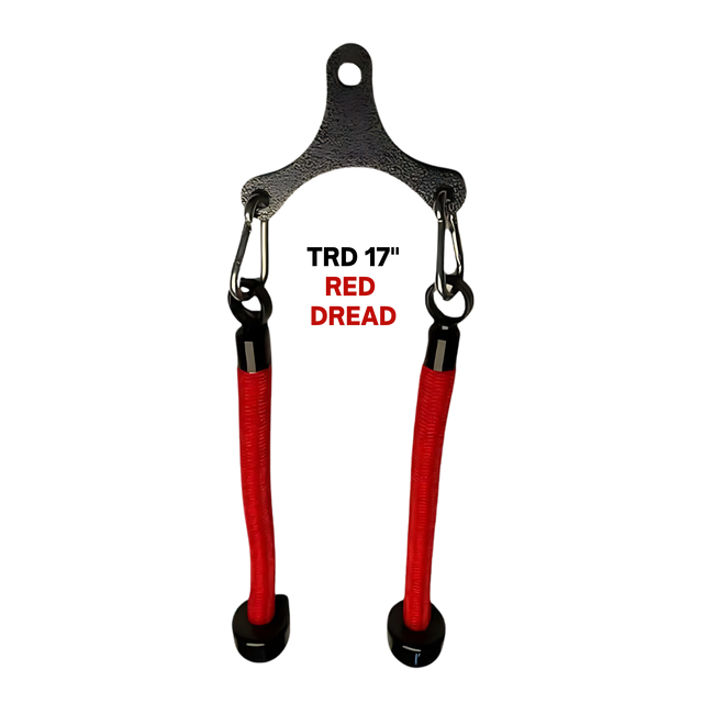 The Tricep Rope Dynamic TRD Cable Attachments for Gym Yoke is a black metal bracket with two red cable loops labeled "RED DREAD," designed to optimize muscle activation during workouts.
