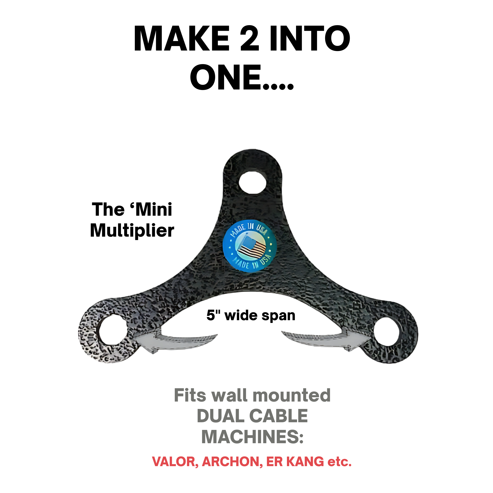 The Tricep Rope Dynamic TRD Cable Attachments for Gym Yoke features a black metal bracket with two hooks, perfect for dual cable machines and triceps rope exercises; includes a "Made in USA" sticker at the center.