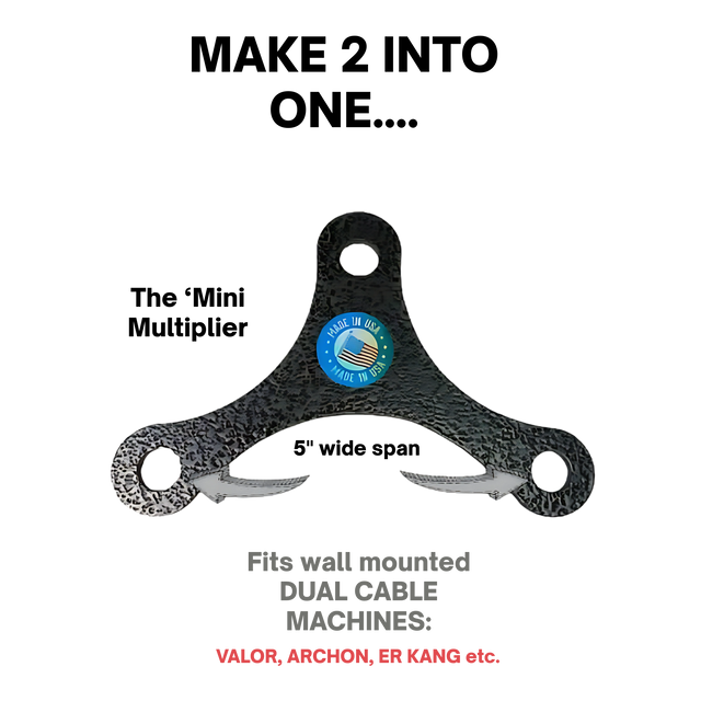 The Tricep Rope Dynamic TRD Cable Attachments for Gym Yoke features a black metal bracket with two hooks, perfect for dual cable machines and triceps rope exercises; includes a "Made in USA" sticker at the center.