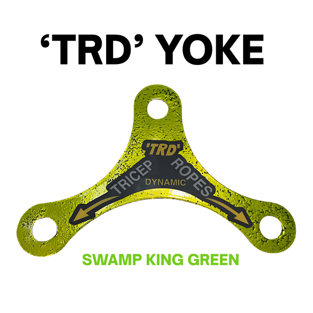 Green, triangular metal plate with three holes labeled "Tricep Rope Dynamic TRD Cable Attachments for Gym Yoke"—designed to boost muscle activation and dynamic instability in triceps rope workouts.