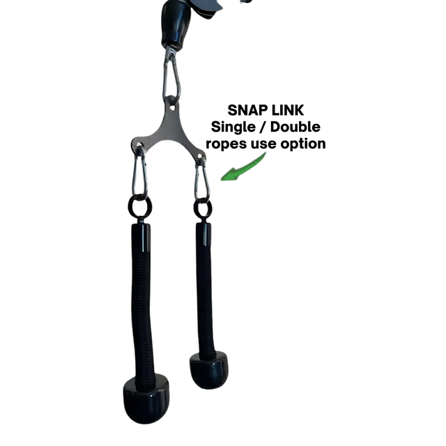 The Tricep Rope Dynamic TRD Cable Attachments for Gym Yoke features two black handles joined by carabiners; a green arrow highlights one clip, emphasizing muscle activation during workouts.
