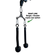 The Tricep Rope Dynamic TRD Cable Attachments for Gym Yoke features two black handles joined by carabiners; a green arrow highlights one clip, emphasizing muscle activation during workouts.