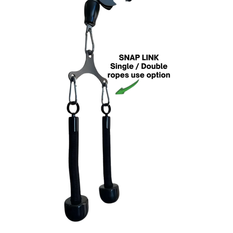 The Tricep Rope Dynamic TRD Cable Attachments for Gym Yoke features two black handles joined by carabiners; a green arrow highlights one clip, emphasizing muscle activation during workouts.