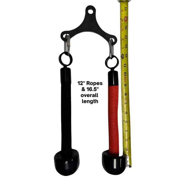 The Tricep Rope Dynamic TRD Cable Attachments for Gym Yoke include black and red grip handles hanging from a metal bracket beside a yellow measuring tape, perfect for tricep exercises and muscle activation.