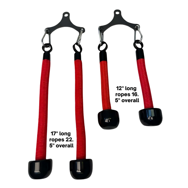 Two red and black Tricep Rope Dynamic TRD Cable Attachments for Gym Yoke, featuring metal hooks, designed to enhance muscle activation and improve workout stability.