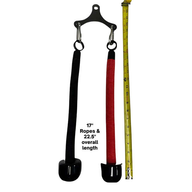 A Tricep Rope Dynamic TRD Cable Attachment for Gym Yoke, featuring black and red straps for dynamic instability and enhanced muscle activation, is displayed beside a yellow measuring tape.
