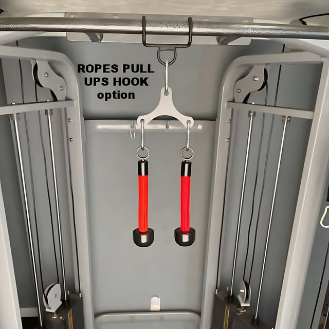The Tricep Rope Dynamic TRD Cable Attachments for Gym Yoke features two red handles and a "ROPES PULL UPS HOOK option" sign, designed to enhance muscle activation and support advanced triceps rope exercises.