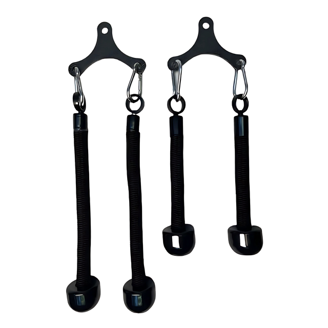 The Tricep Rope Dynamic TRD Cable Attachments for Gym Yoke are black hanging stirrups with metal hooks, designed to enhance muscle activation during workouts or physical therapy sessions.