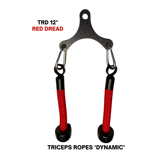 The Tricep Rope Dynamic TRD Cable Attachment for Gym Yoke is a black metal piece with two red-handled grips labeled "RED DREAD," built for dynamic instability and greater muscle activation during workouts.