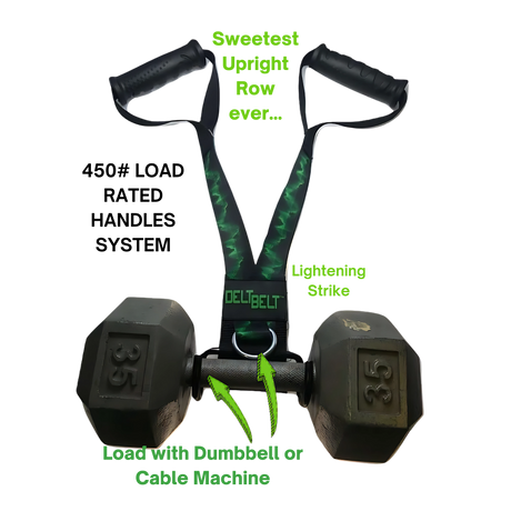 A delt belt attached to a 35 lb dumbbell with green text describing its features and use.