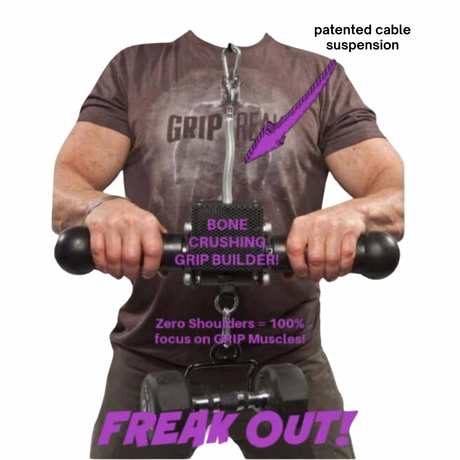 Man using a grip strength trainer with labeled features and bold text saying, "FREAK OUT!.
