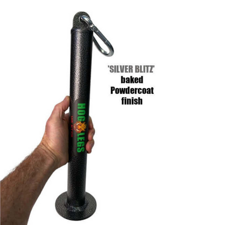 A hand holds a metal post labeled "Hog Legs" with a carabiner and "SILVER BLITZ" baked powdercoat finish text.
