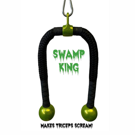 A tricep rope attachment labeled "Swamp King" with the tagline "Makes Triceps Scream!" below.