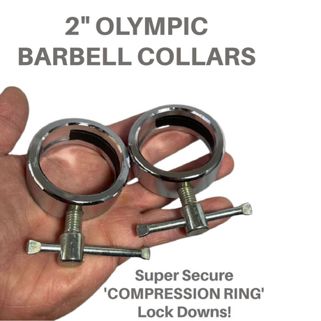 Hand holding two silver 2-inch Olympic barbell collars with compression ring lock downs.
