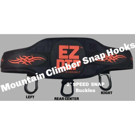 Black EZ Dog shoulder belt with orange tribal design and snap hooks labeled left, rear center, and right.