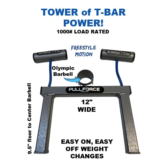 The PULL FORCE Olympic T Bar Row Handle 'PLUS' Stand features a "Pullforce" logo, labeled measurements, and freestyle motion arrow—perfect as a Landmine Attachment or T Bar Row Handle for dynamic workouts.