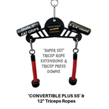 The CONVERTIBLE PLUS Tricep Rope 'Super Set' Attachment features dual fat grips and 12-inch triceps ropes, perfect for targeting triceps during gym workouts. Backed by a Lifetime Replacement Warranty, it's ideal for any fitness enthusiast seeking quality and durability.