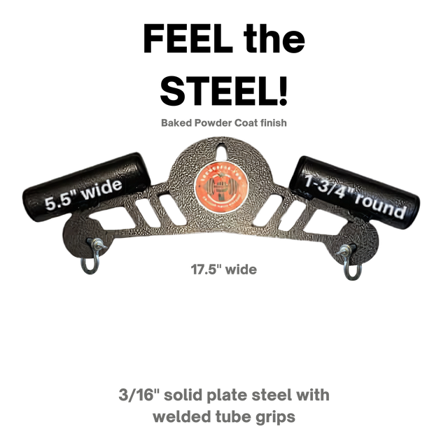 The Convertible Plus Tricep Rope 'Super Set' Tricep Attachment features dual tube grips and labeled dimensions with center logo on black, ideal for triceps workouts. Compatible with Convertible Plus commercial gym shackles.