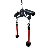 The CONVERTIBLE PLUS Tricep Rope 'Super Set' features red-gripped exercise handles, black weights, and a metal frame for targeted triceps workouts. It boasts durable construction and includes a lifetime replacement warranty for worry-free use.