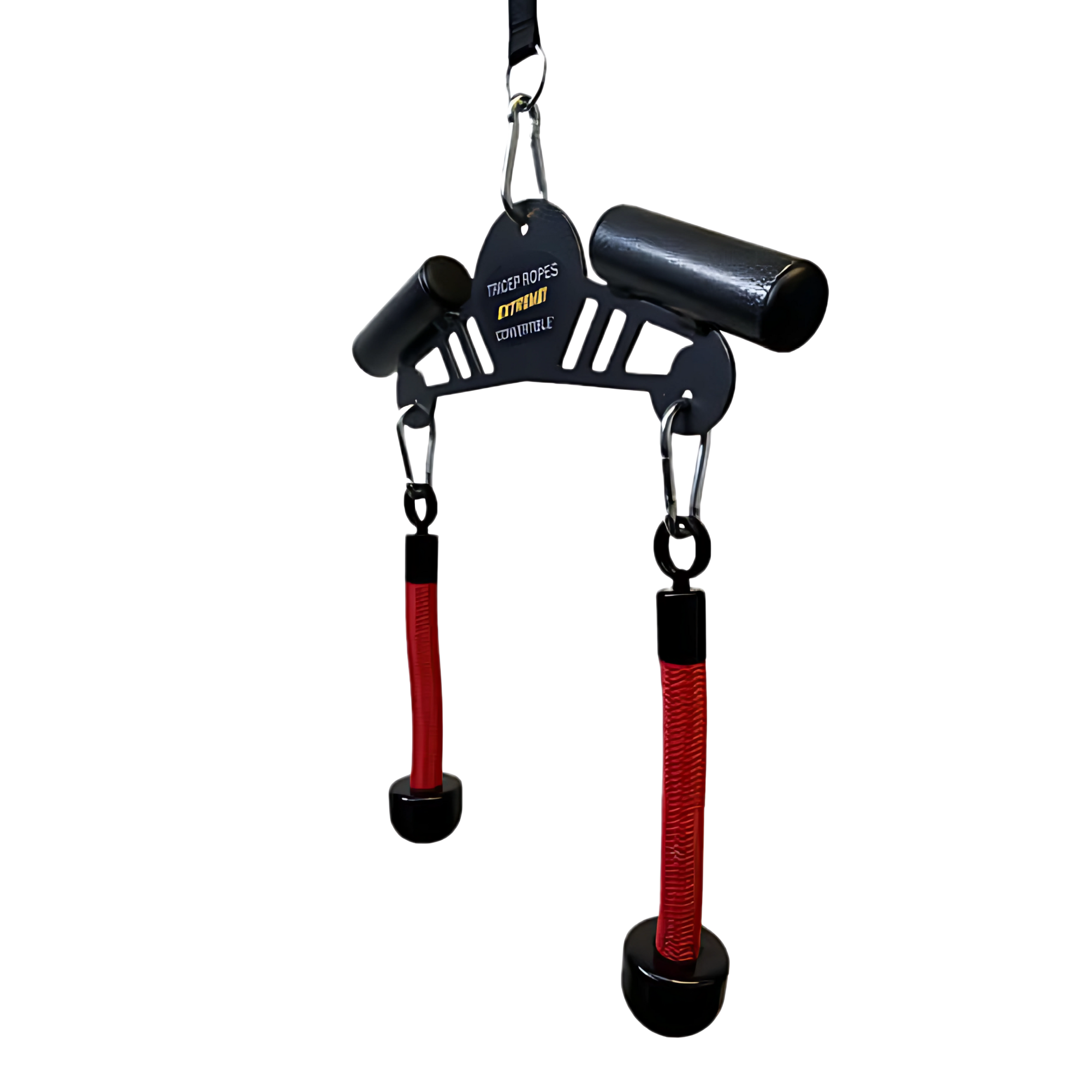 The Convertible Plus Tricep Rope 'Super Set' Attachment features black and red handles with hanging attachments, designed for targeted triceps training—ideal for your fitness routine in any commercial gym.