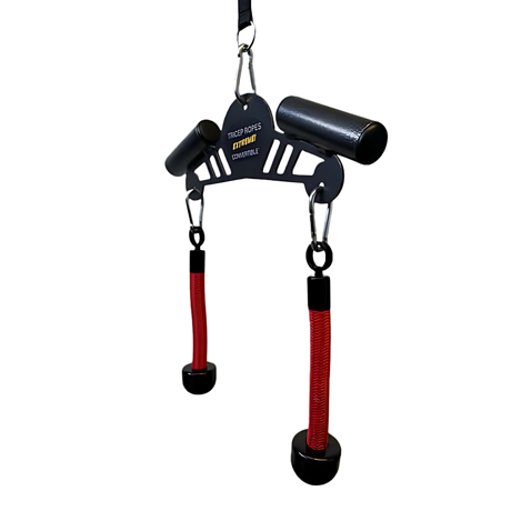 The Convertible Plus Tricep Rope 'Super Set' Attachment features black and red handles with hanging attachments, designed for targeted triceps training—ideal for your fitness routine in any commercial gym.