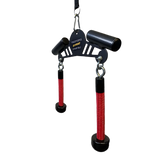 The Convertible Plus Tricep Rope 'Super Set' Tricep Attachment features black and red handles on a sturdy frame, ideal for tricep cable press downs. Includes commercial gym shackles for secure use and intense triceps workouts.