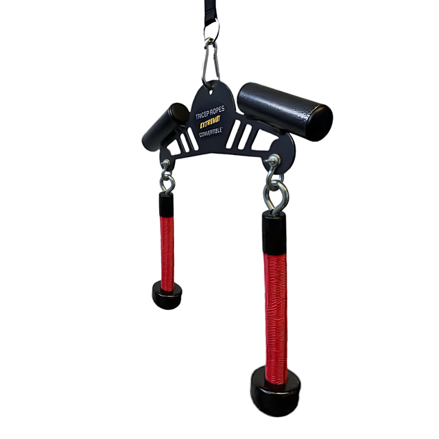 The Convertible Plus Tricep Rope 'Super Set' Tricep Attachment features black and red handles on a sturdy frame, ideal for tricep cable press downs. Includes commercial gym shackles for secure use and intense triceps workouts.
