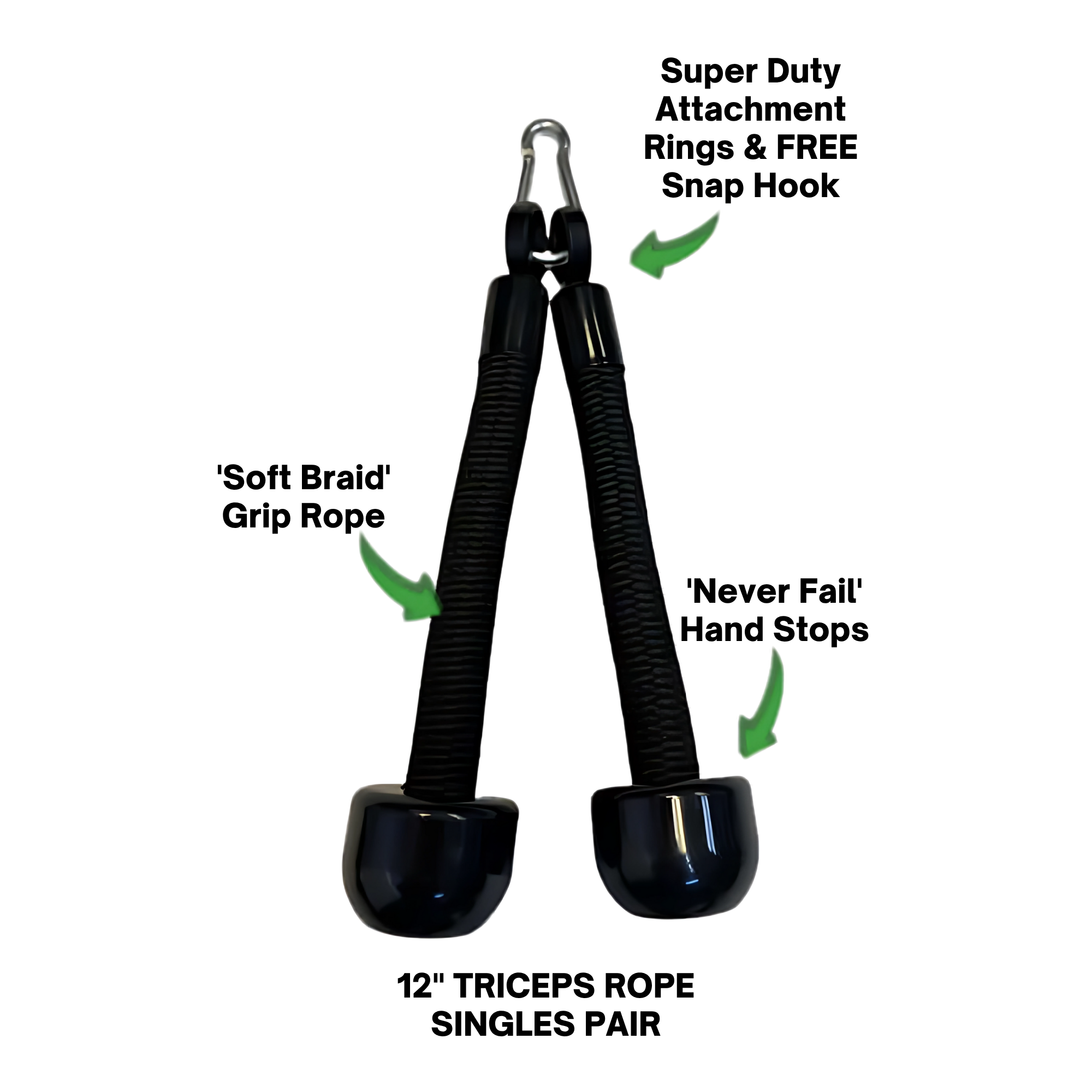 The Convertible Plus Tricep Rope 'Super Set' Tricep Attachment - Commercial Gym Shackles features two black coiled cables with hooks and weighted ends, highlighted by green arrows to showcase triceps-targeting features.